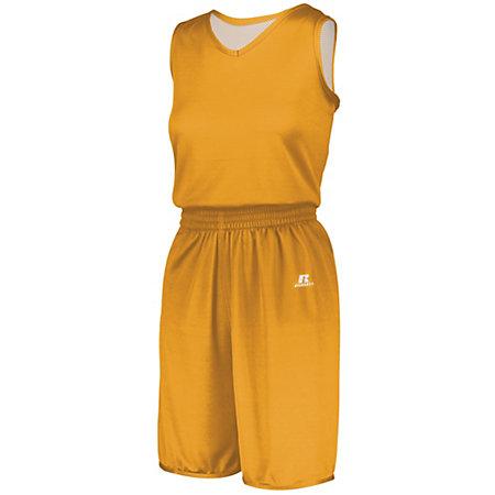 Jersey reversible de una capa sólida sin dividir para mujer Dorado / blanco Baloncesto individual y pantalones cortos