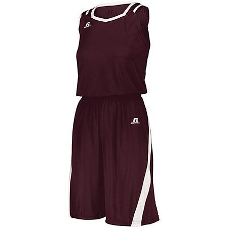 Shorts de corte atlético para mujer, color granate / blanco, camiseta de baloncesto y