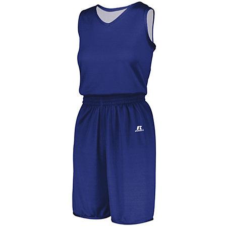 Jersey reversible de una sola capa sin dividir para mujer Royal / blanco Baloncesto individual y pantalones cortos