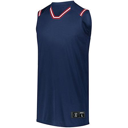 Camiseta de baloncesto retro Azul marino / escarlata / blanco Individual y pantalones cortos para adultos