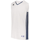 Camiseta de baloncesto Legacy para jóvenes Blanco / azul marino Single & Shorts
