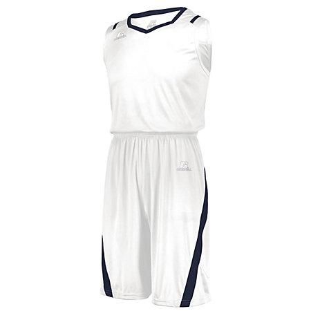 Pantalones cortos de corte atlético Blanco / azul marino Camiseta única de baloncesto para adultos y