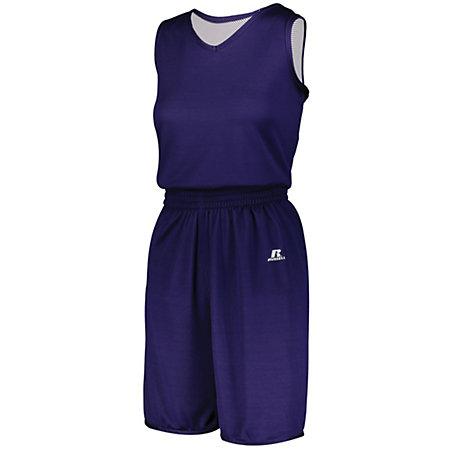 Jersey reversible de una sola capa sólida sin dividir para mujer Morado / blanco Baloncesto individual y pantalones cortos